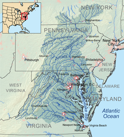 Map showing the Chesapeake Bay Watershed (https://en.wikipedia.org/wiki/Chesapeake_Bay)